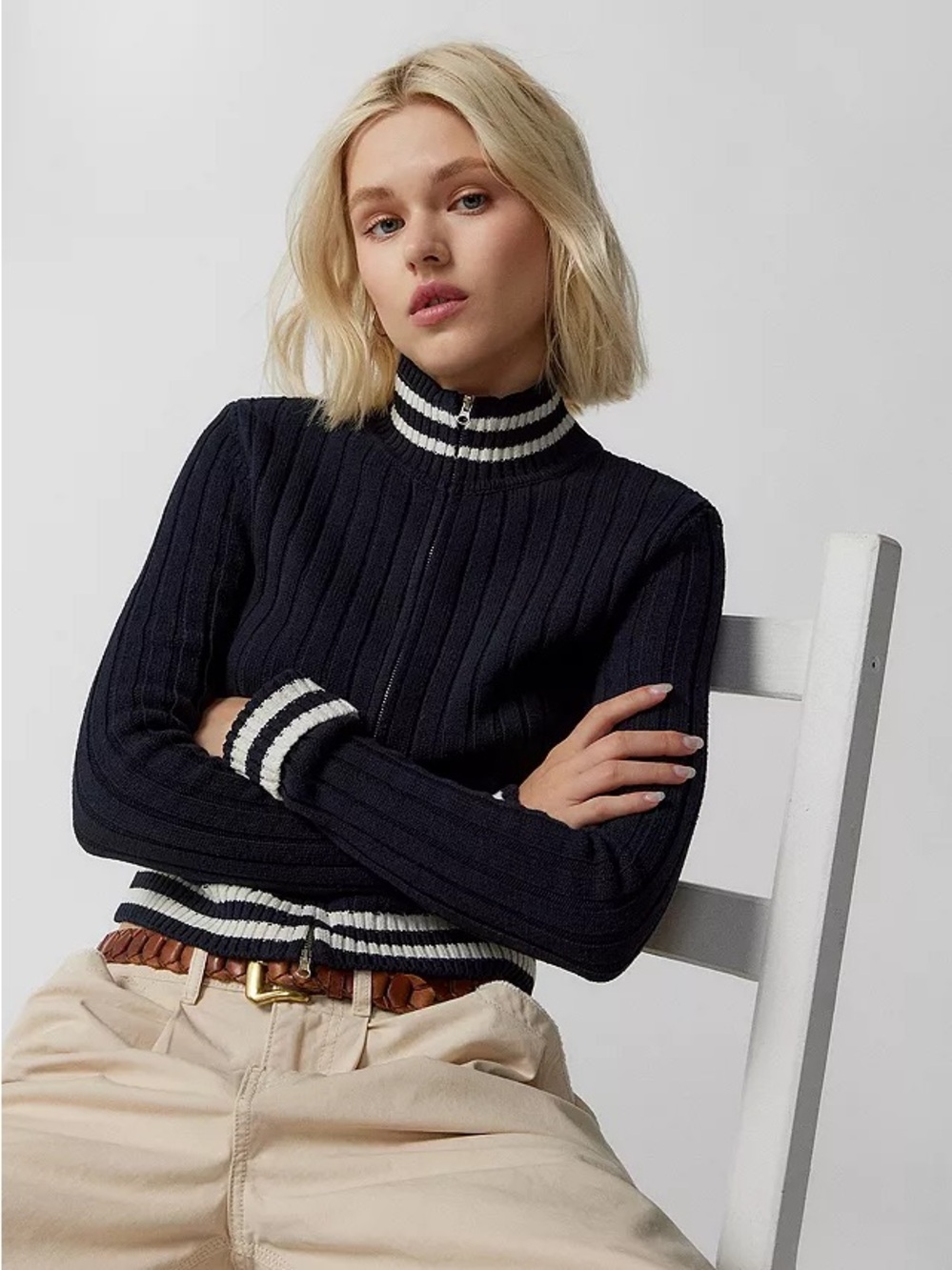 BDG Track Full-Zip Ribbed Sweater - Navy (XS)